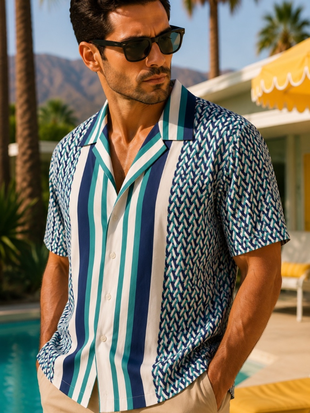 Paul Fredrick XXL Blue Teal Geometric Cotton Camp Shirt